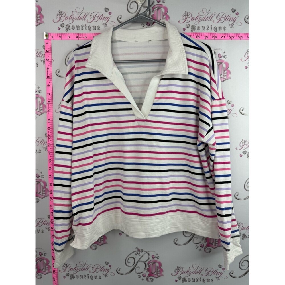 Tristan sweater collared stripes White Striped V-Neck Collared Long-Sleeve Top
